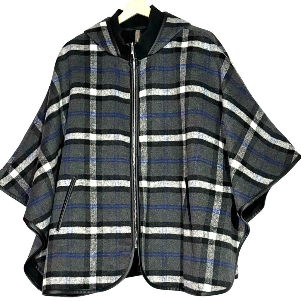 Pennington’s grey plaid zip up cape w/ hood & faux leather lining x / 1x
